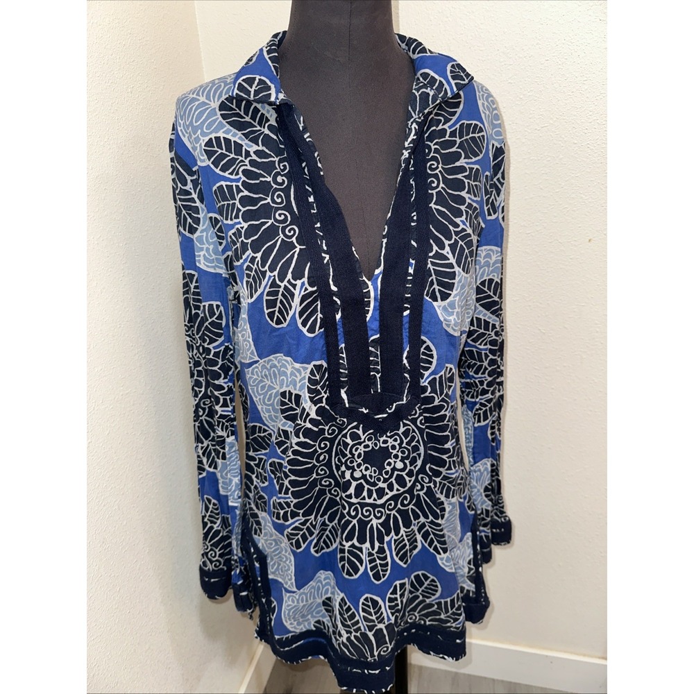 Tory Burch Women's Floral Tunic Blouse Deep V Neck Long Sleeve Size 10 Blue
